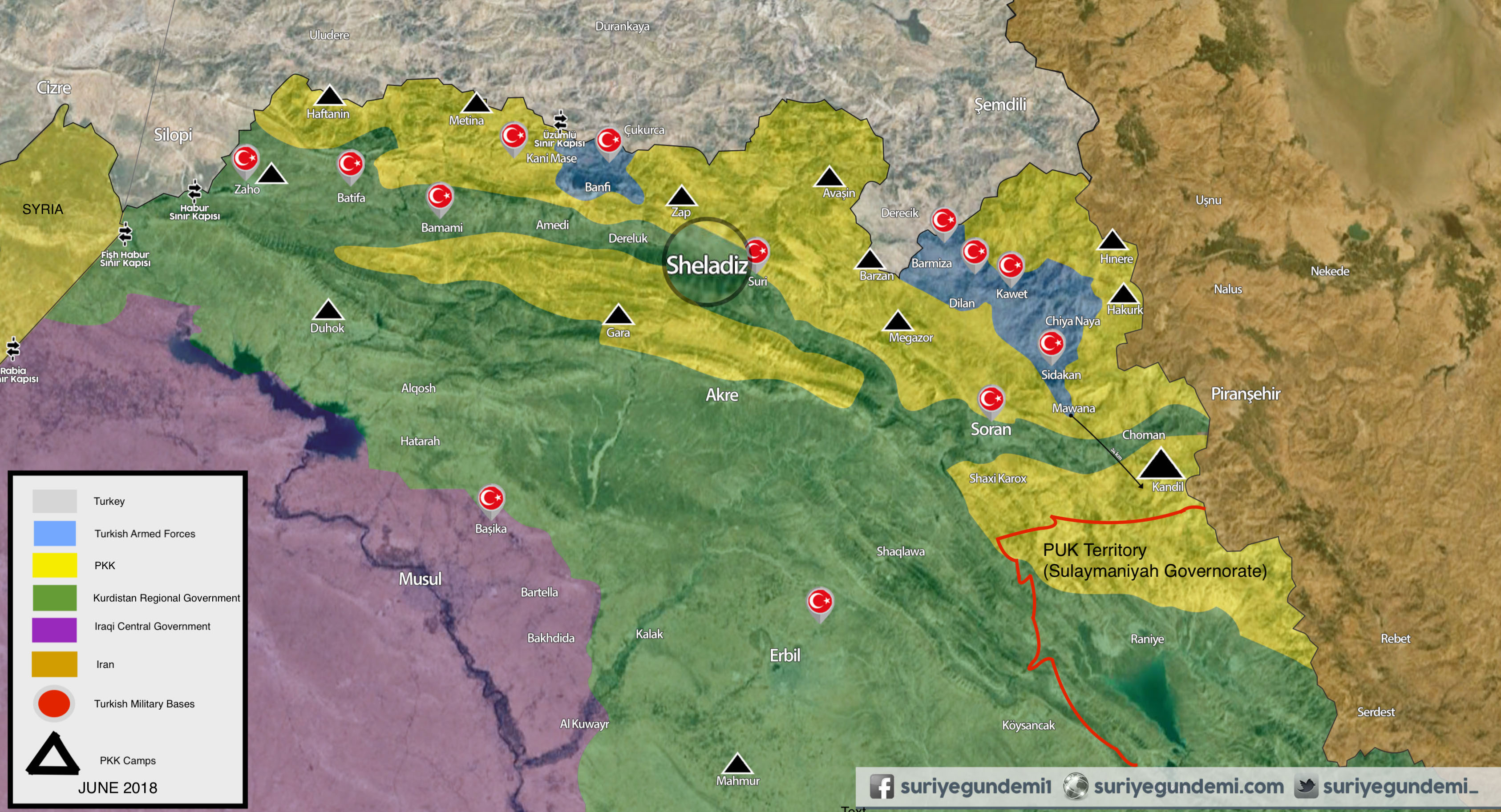 Map with overview of Turkish military presence in Iraq